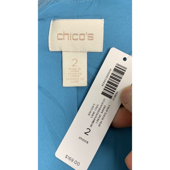 Chicos Blue Faux Suede Perforated Ruffle Jacket Size 12 L New RH10190 NWT - Picture 3 of 9